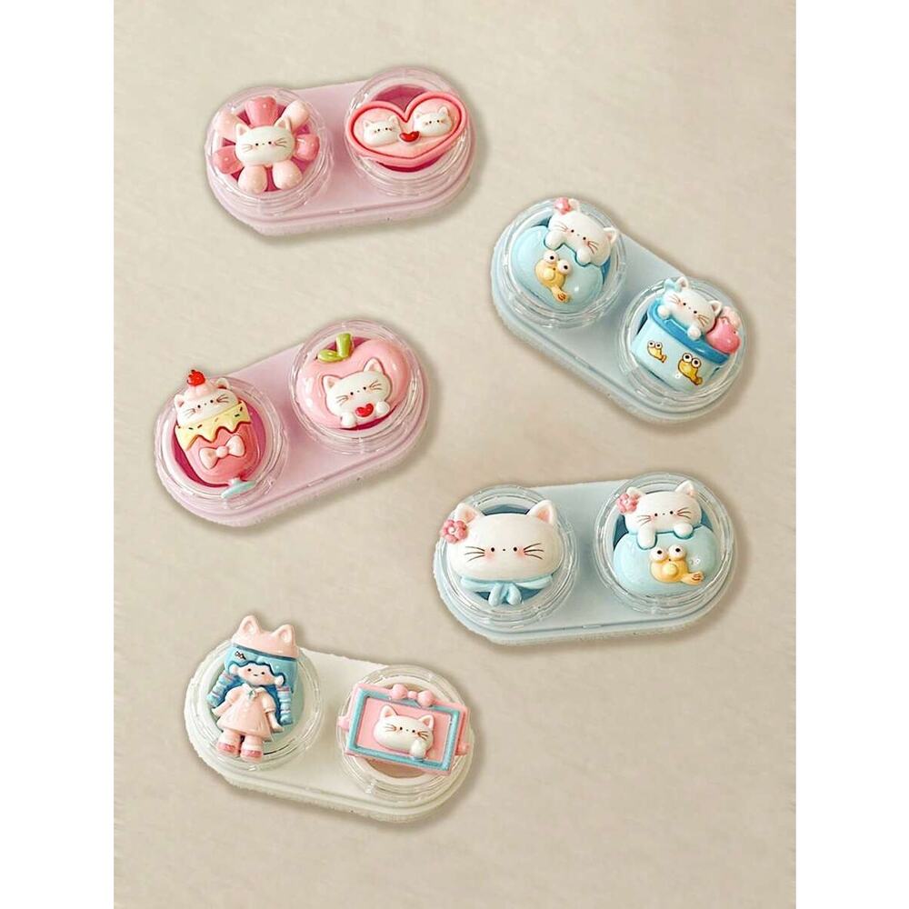 3x Kitty Cat Portable Travel Contact Lens Case Contact w/ tweezer & applicator